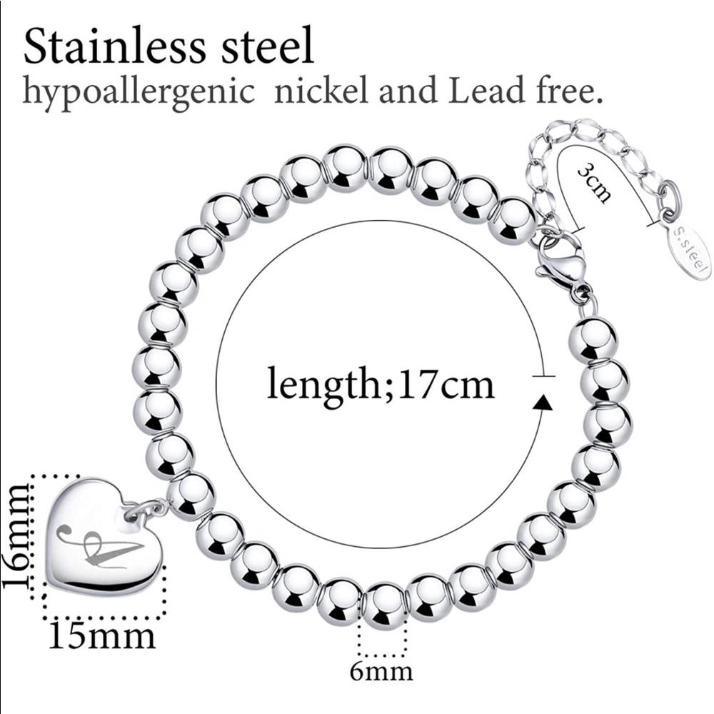 Heart Charm Bracelets 6mm Stainless Steel Beads 26 - Picture 4 of 4